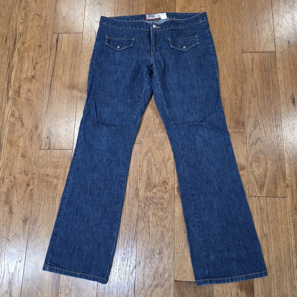 Vintage Old Navy Dark Wash Boot Cut Denim Jeans w/ Faux Front Snap Pockets. 10